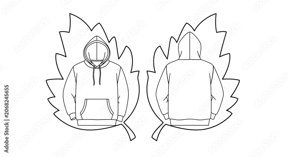 Fototapeta premium Hoodie Fashion Flat Sketch: Front and Back View with Leaf Outline