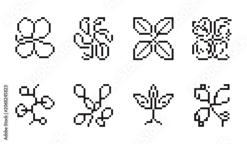 Slika na platnu Detailed pixelated floral and leaf motifs with symmetric line art for sophisticated branding