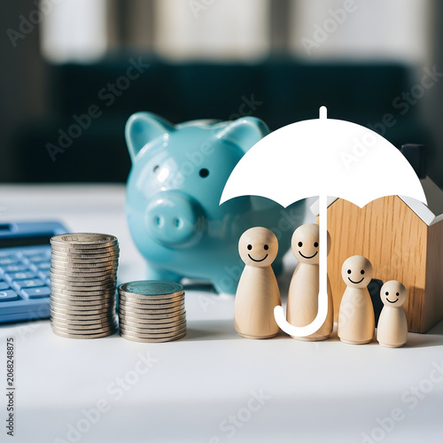 Family and home financial insurance protection concept with wooden figures, piggy bank, coins, and umbrella graphic