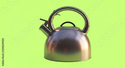 Shiny metal kettle on a bright green background