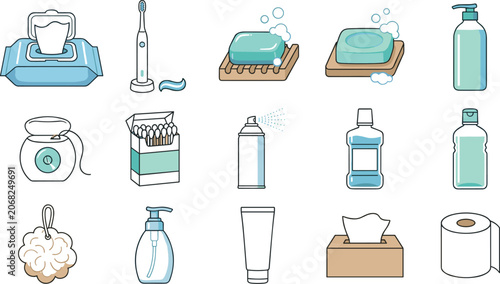 Personal hygiene and bathroom essentials collection featuring wet wipes, toothbrush, soap, sanitizer, mouthwash, tissues, and daily care products