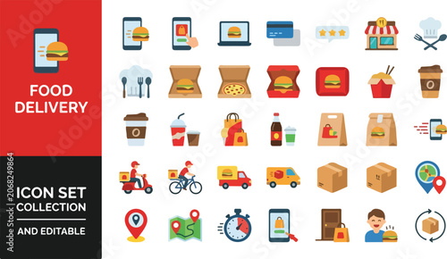 Tableau sur toile Food delivery service and online ordering flat icon set collection