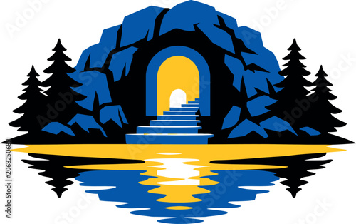 Abstract Vector Illustration of a Mysterious Mountain Cave Portal with Stairs Leading to Glowing Light, Surrounded by Pine Trees and Water Reflection in Vibrant Blue and Gold Tones