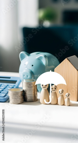 Family insurance and financial planning concept with piggy bank, house model, and wooden figures under umbrella protection