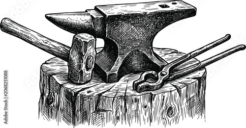 Bilde på lerret Vintage blacksmith anvil with hammer and tongs engraving vector illustrationVint