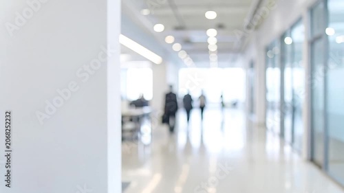 Blurred modern office hallway with business people walking