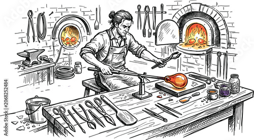 Konstfotografi Vintage glassblowing artisan illustration working near a hot furnaceVintage glas