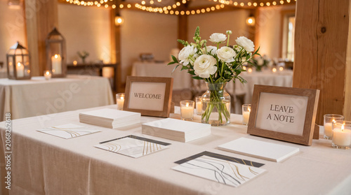 Wedding guestbook note table with welcome signs flowers candles and blank cards