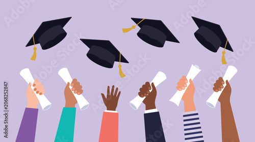 Photos Diverse group of students throwing mortarboard graduation caps in the air while holding diplomas, celebrating academic achievement and commencement day success in vector art