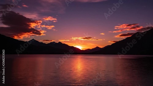Beautiful golden sunset over a calm lake with mountain silhouettes
