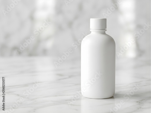 Blank white plastic bottle mockup for cosmetic serum or medical supplement packaging placed on luxurious marble surface