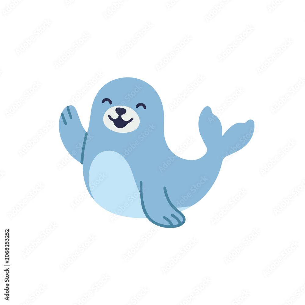 Obraz premium Cute baby seal waving flipper flat vector illustration of happy smiling marine animal character