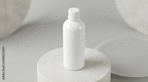 Blank white plastic bottle on cylindrical pedestal for cosmetic branding mockup, skincare product presentation, luxury display