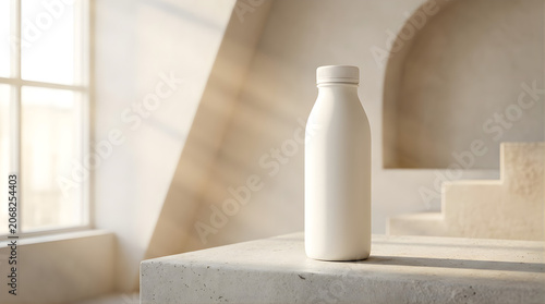 Blank white plastic bottle packaging mockup on textured stone podium in sunny interior for branding and product display