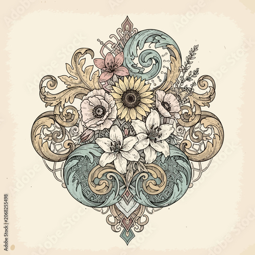 Foto Elegant Floral Arrangement with Ornate Baroque Scrolls and Delicate Blooms