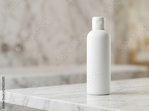 Blank white plastic cosmetic bottle mockup on marble surface featuring skincare branding template for beauty products