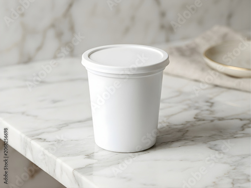 Blank white plastic food container with lid sitting on a marble countertop mockup for branding dairy products or snacks