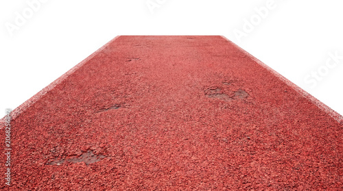 Red running track surface with visible wear and tear.