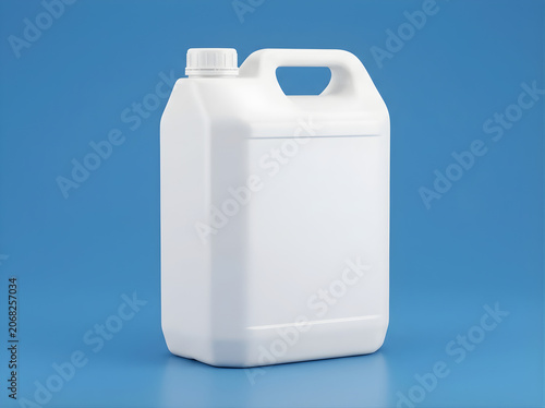 Blank white plastic jerrycan container with screw cap on blue background for chemical liquid detergent or industrial storage