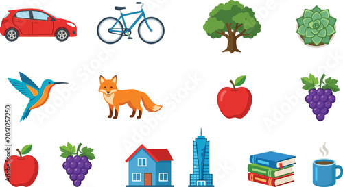 Canvas Print Vector icon set with collection of nature items, wild animals, fresh fruits, cit