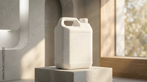 Blank white plastic jerrycan on stone pedestal showcasing liquid detergent container branding for chemical packaging