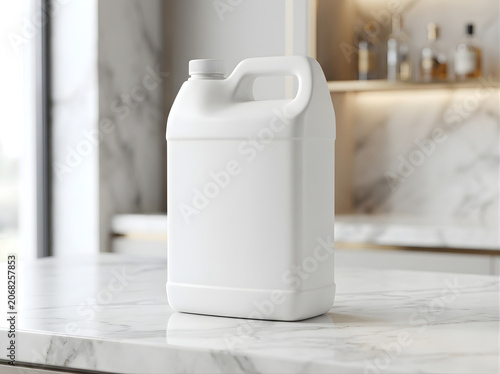 Blank white plastic jug container for liquid detergent or chemicals on a marble kitchen counter for branding mockup