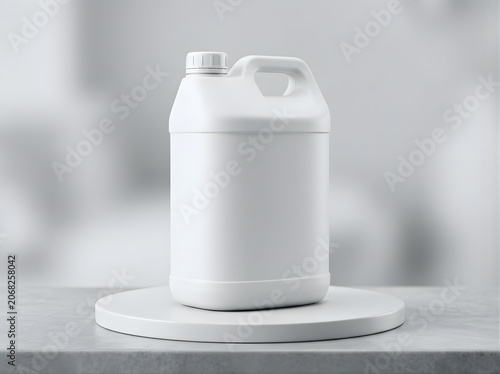 Blank white plastic jug mockup for chemical or cleaning product packaging isolated on stone pedestal