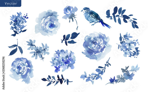 Watercolor indigo blue floral PNG clipart set with abstract hand painted wild roses, wild flowers and bird for pattern, wedding invitation and stationary