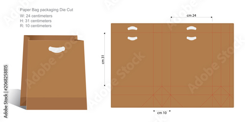 Cuadro en lienzo Paper bag packaging template elegant flat 3d mockup and die cut outline