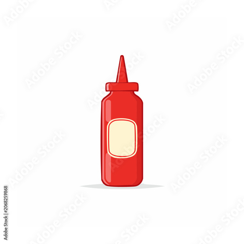 Red ketchup bottle with empty label on white background