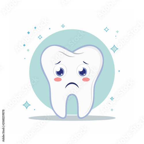 Sad cartoon tooth with tears and light blue background