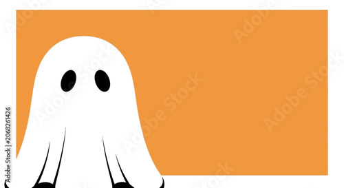 A ghost peeks out from behind an orange rectangular background with black eyes.