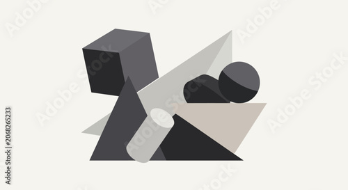 Abstract Geometric Shapes Composition - Monochrome 3D Objects
