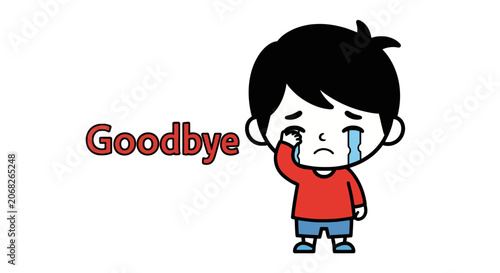 Slika na platnu Sad boy crying while saying goodbye text illustration