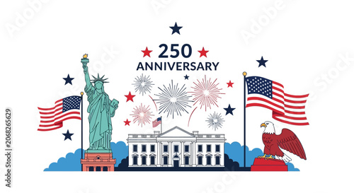 Obraz na plátně Celebration of 250th anniversary with national symbols and fireworks