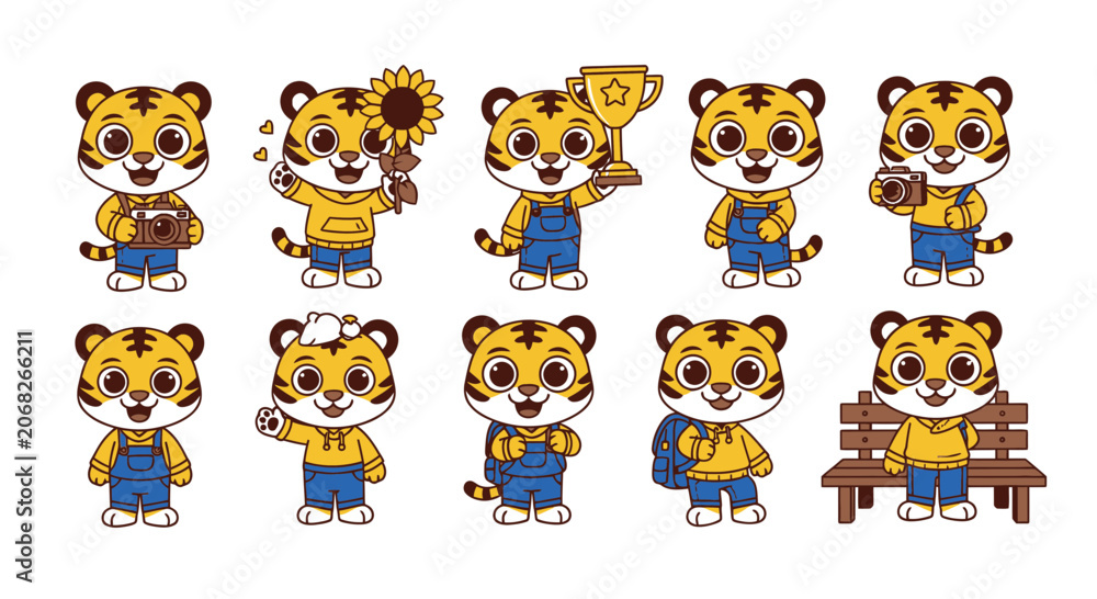 Fototapeta premium Cute baby tiger character mascot set in various poses and activities