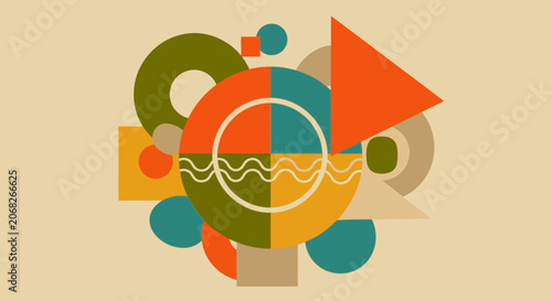 Abstract geometric shapes composition, retro modern style, warm colors