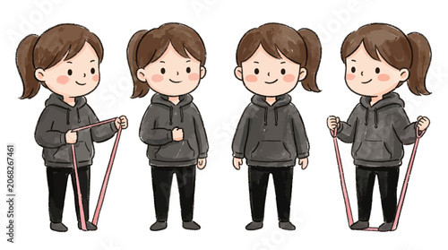 Cartoon Girl Fitness Set: Exercising with Resistance Bands, Healthy Lifestyle Illustrations