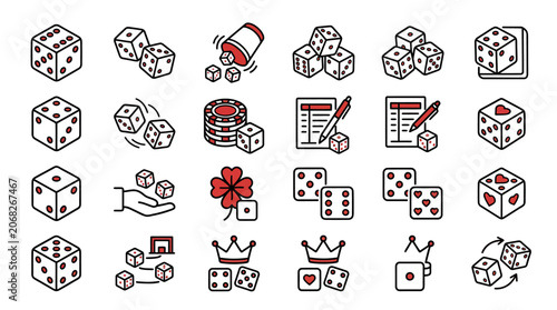Casino and Gambling Icons Set: Dice, Chips, Clover, Crowns, Cards