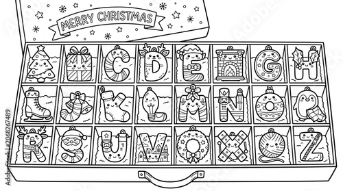 Christmas Alphabet Box: Festive Letters & Ornaments - Coloring Page