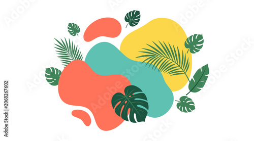 Abstract Organic Shapes with Tropical Leaves - Vibrant Summer Design