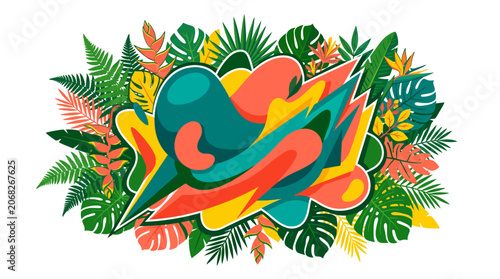 Abstract Tropical Art with Lush Green Leaves and Vibrant Colors
