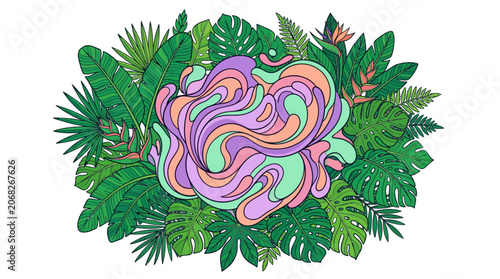 Abstract Swirls Surrounded by Lush Tropical Leaves - Vibrant Psychedelic Design