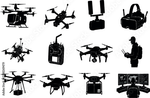 Obraz na plátně Comprehensive Collection of Drone Silhouettes featuring Quadcopters, Delivery UAVs, FPV Racing Drones, Remote Controllers, VR Goggles, and Pilot Icons for Modern Aerial Technology Design