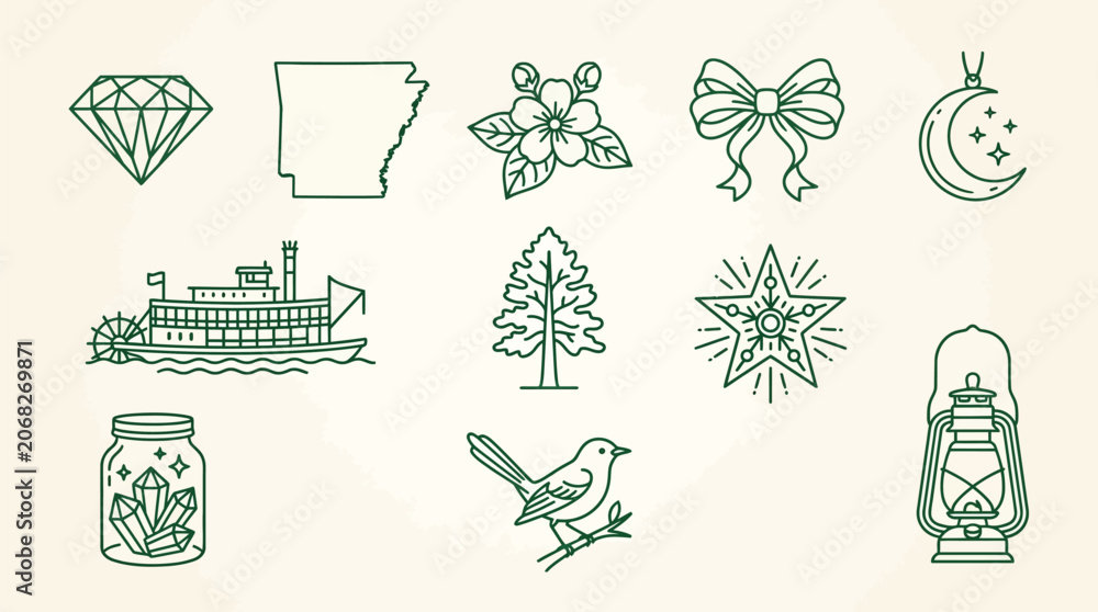 Fototapeta premium Collection of Line Art Icons Representing Arkansas State Symbols and Elements.