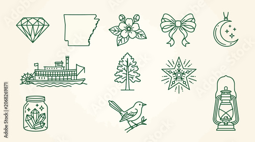 Tableau sur toile Collection of Line Art Icons Representing Arkansas State Symbols and Elements