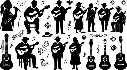 Fotografie Country Musician Silhouette Set – Guitar Player, Folk Singer, Western Performer