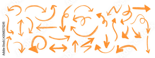 Konstfotografi Hand drawn doodle set of orange arrows pointing in different directions