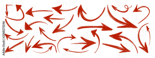 Hand drawn doodle set of red arrows pointing in different directions isolated