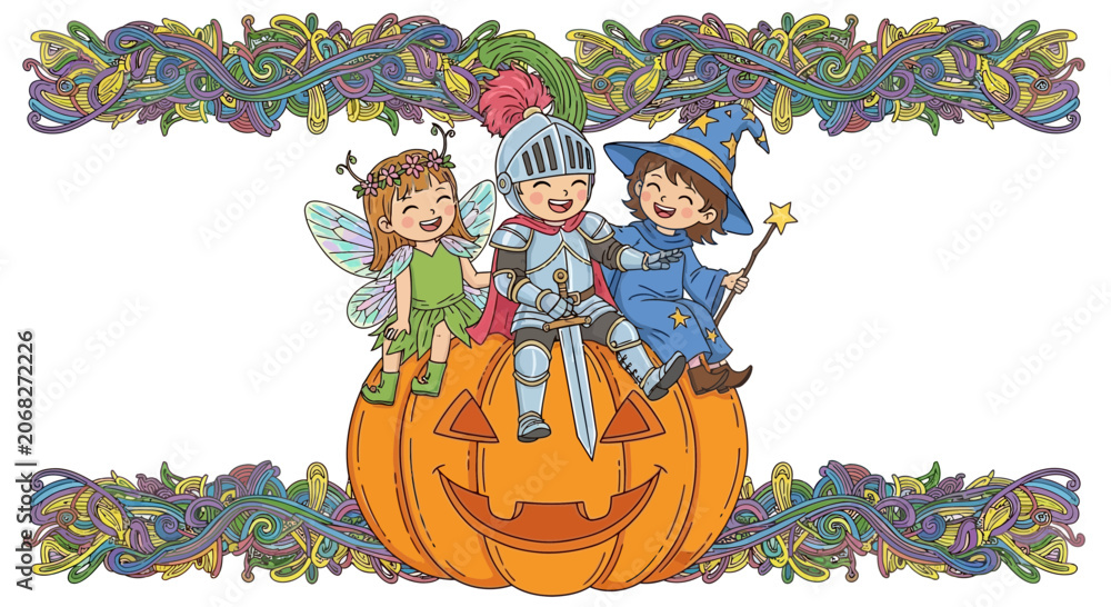 Fototapeta premium Cute Halloween Kids: Fairy, Knight, Witch on Pumpkin, Festive Border